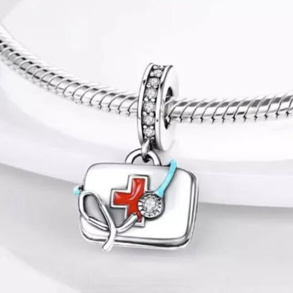 Sterling Silver Doctor's Medical Bag with Stethoscope Dangle Charm - Picture 3 of 4